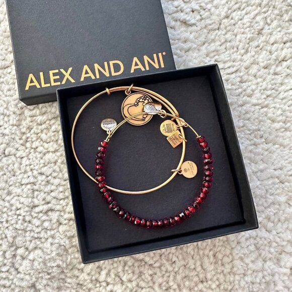 Alex + Ani Gold-Tone Heart & Red Crystal Bangles Pair In Box for Gifting - Picture 1 of 4